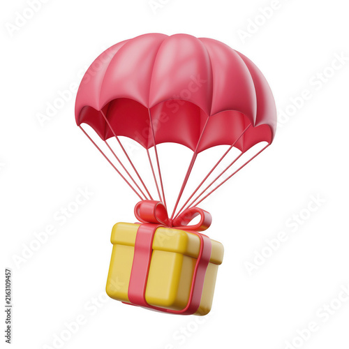 Gift box with red ribbon descending with parachute