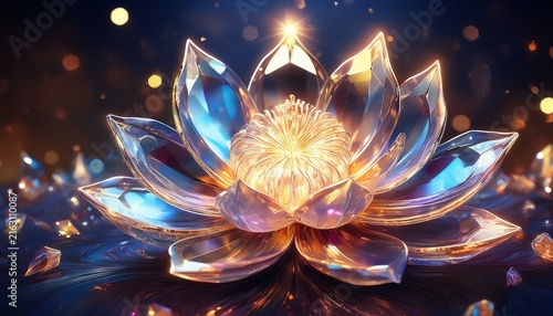 a radiant crystalline lotus flower emerges from a dark shimmering background the flower is constructed of facets of clear crystal reflecting light