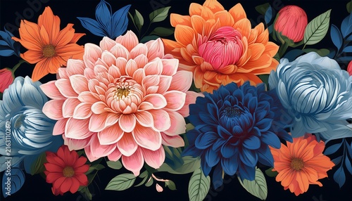 dramatic floral pattern with dahlias and peonies in blue pink and orange on a rich black background for design elegant fabrics and luxurious home decor