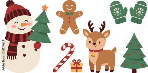 Kawaii holiday season clip art bundle including cheerful snowman cute reindeer candy cane small present and winter woolen gloves flat design vector