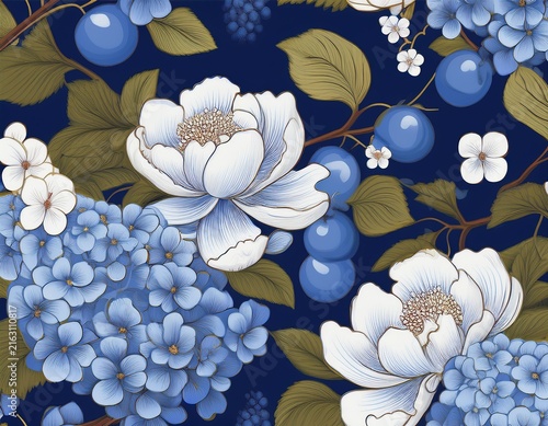 chinoiserie inspired seamless pattern of blue hydrangeas white blossoms and stylized plums or berries for fabrics wallpapers or luxury home decor