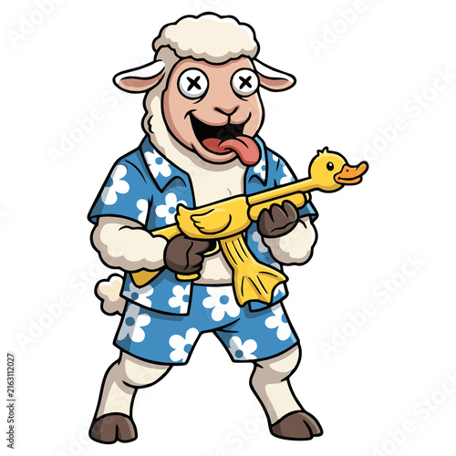 Funny cartoon sheep character wearing summer shirt holding a duck toy, vector illustration.