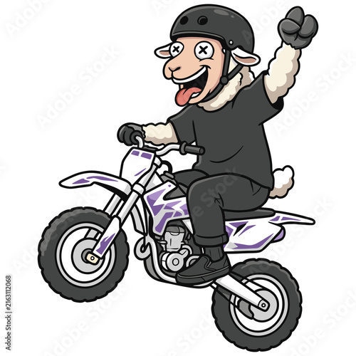 Funny cartoon sheep character riding a dirt bike motocross, vector illustration.