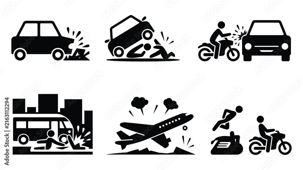 Naklejka premium Accident Icons Showing Car, Motorcycle, Bus, and Airplane Crash Symbols for Traffic Safety, Transportation Risk, Emergency Planning, and Insurance