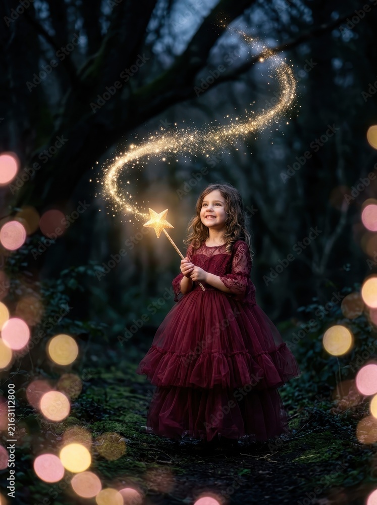 Obraz premium Little Girl in Burgundy Dress Holding a Magic Wand with Golden Sparkles in a Mystical Dark Forest Fairytale Concept