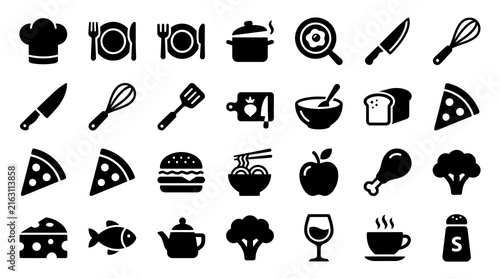 Food and Kitchen Icons Flat Design in Black and White for Graphic Design