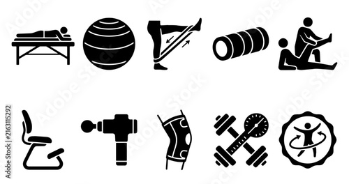 Physical Therapy Physiotherapy Rehabilitation Exercise Equipment Massage Gun Vector Icon Set