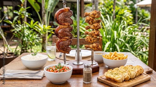 Brazilian barbecue lunch spread on table