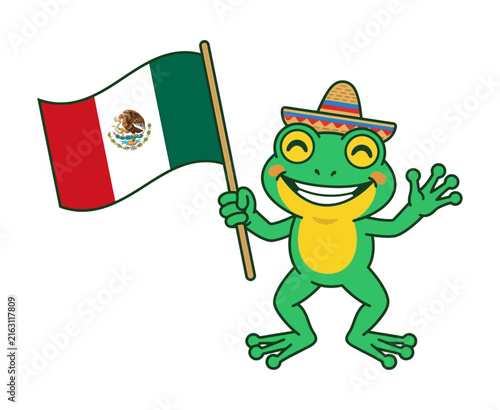 Cute Cartoon Frog Wearing a Sombrero and Waving the Mexican Flag