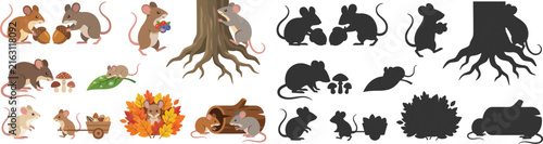 Cute Mouse Character Collection with Color Illustrations and Black Silhouette Vector Set