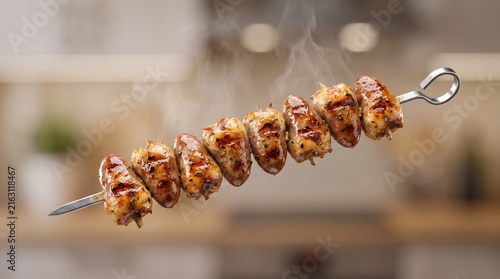 Skewered roasted chicken hearts with steam