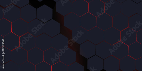 Dark gray and red horizontal hexagonal technology abstract vector background. red bright energy flashes under hexagon in futuristic modern technology wide banner. Dark gray honeycomb texture grid.