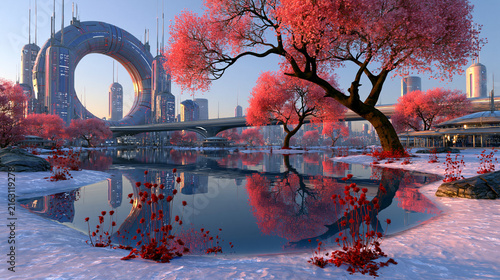 Red Tree Garden Reflected Around Futuristic Circular Gateway