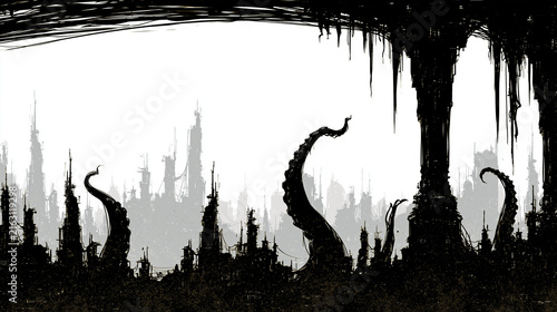 Black Alien Forest Silhouette With Twisted Tentacle Trees
