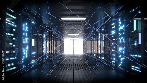 Modern Data Center Corridor with Glowing Digital Light Trails and Server Racks 3d render