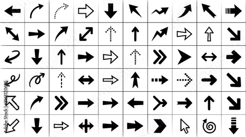 Black and white arrow icons set with directional symbols featuring straight, curved, and angled arrows with minimalist design and geometric shapes