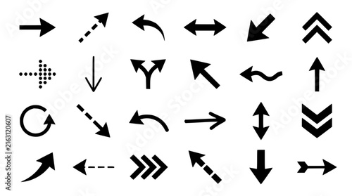 Arrow icons grid set with upward, downward, left, right directions featuring flat design style with bold outlines and modern layout