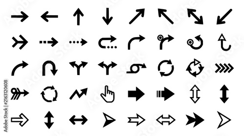 Arrow icons grid layout set with directional arrows featuring up, down, left, right with diagonal and curved styles