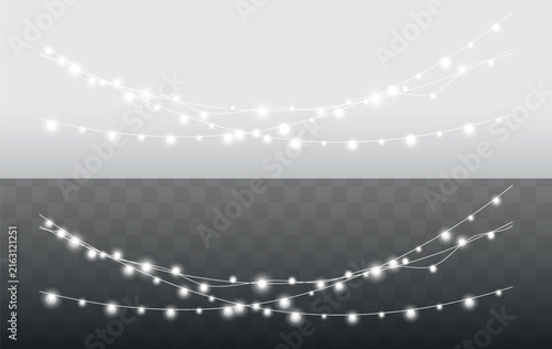 Set of White Festive String Light Garlands on Light and Transparent Background