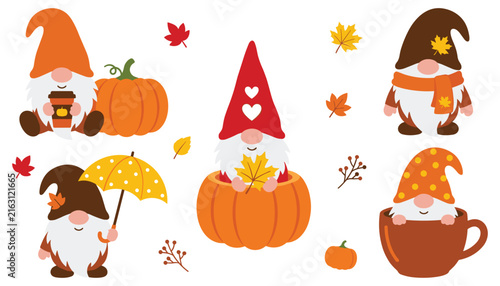 Cute Autumn Gnomes Vector Illustration Set with Scandinavian Tomte Characters Pumpkins Maple Leaves Umbrella Coffee Cup and Cozy Fall Seasonal Elements