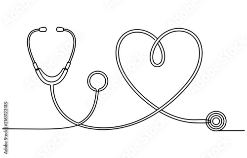 Medical stethoscope forming a heart shape continuous single line drawing Vector, illustration