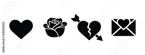 Love and Romance Icon Set with Heart, Rose, Broken Heart and Love Letter Vector Illustration