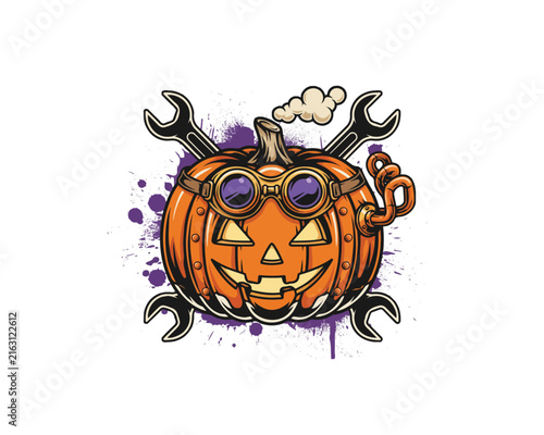 Canvas Print Vintage Industrial Pumpkin with Gears Vector Illustration Isolated on White Back