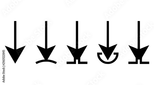 Downward arrow set with geometric shapes featuring triangles, circles, and squares with bold lines and flat colors