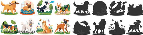 Dog Breed Activity Vector Collection with Pet Lifestyle Illustrations and Matching Silhouette Set