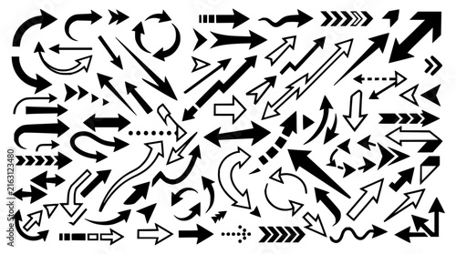Scattered arrow set with geometric directional pointers featuring upward, downward, left, right, and diagonal arrows with clean lines and modern design