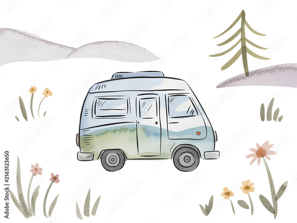 Obraz premium Vintage Camper Van in Nature Illustration Isolated on White 