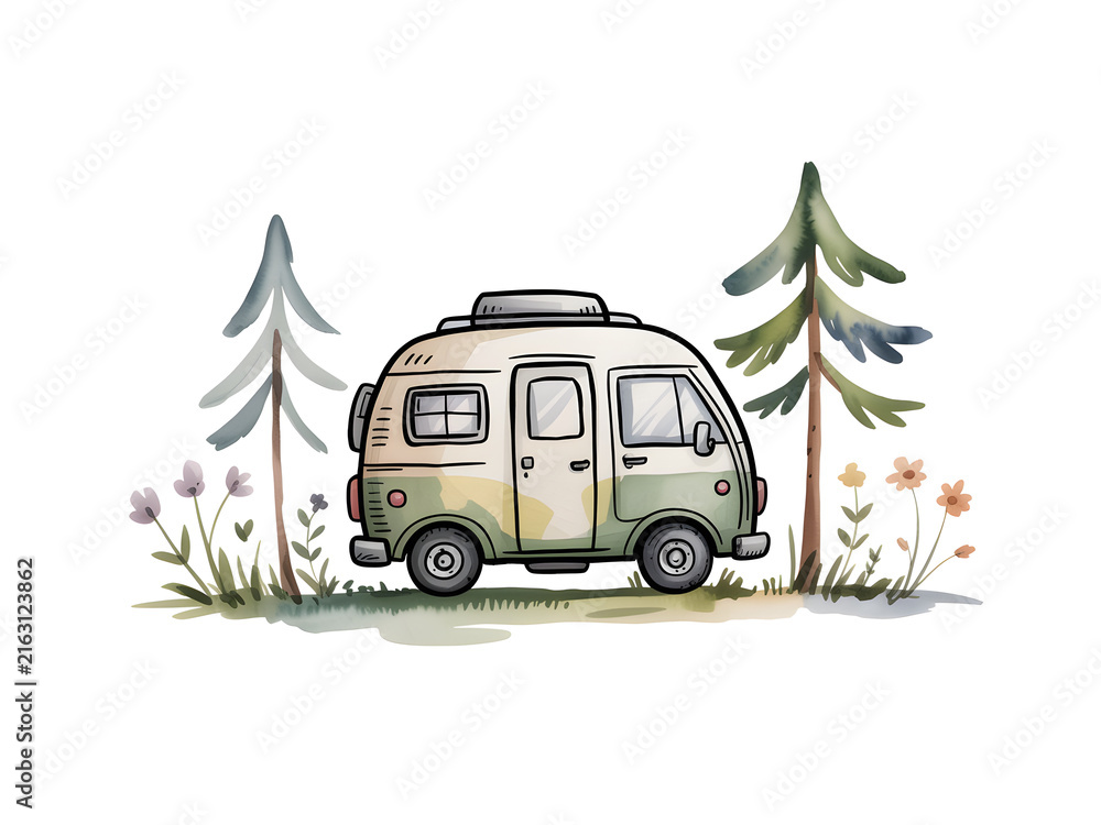 Obraz premium Vintage Camper Van in Nature Illustration Isolated on White 