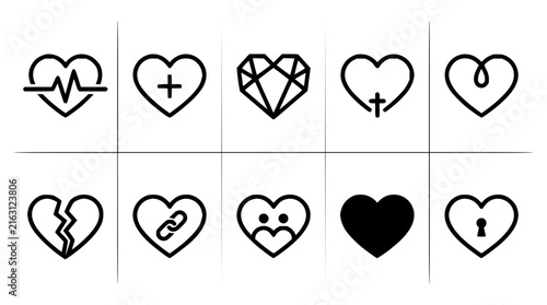 Heart icons grid set with ten red heart symbols featuring love, romance, and affection with Valentine's Day and Valentine's icons and symbols