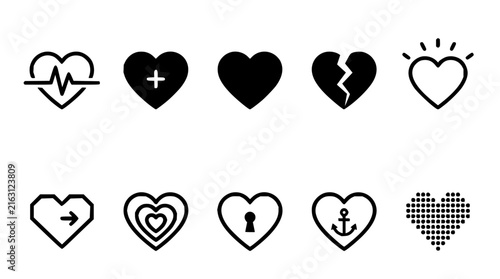 Heart icons set with red hearts in 2x5 grid featuring love symbols, valentine icons, and romantic graphics with clean lines and flat design