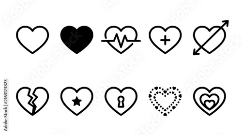 Heart icons grid set with ten red heart symbols featuring Valentine's Day, love, romance with flat design and minimal style