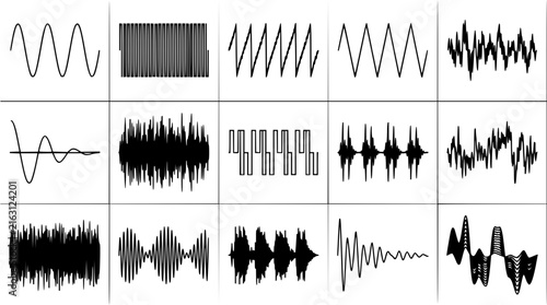 Sound wave patterns in geometric grid set with abstract audio visualization featuring waveforms, grid lines, and dynamic curves with modern design and clean style