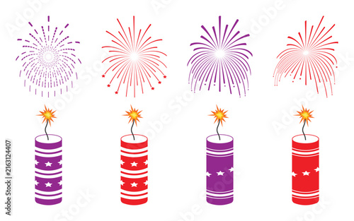 Colorful Fireworks and Lit Firecracker Rockets Vector Set Isolated on White Background for Festival Celebration