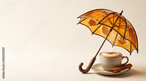 Cozy amber glass hygge umbrella concept sheltering a cup of steaming cappuccino with a cinnamon stick, leaf stained glass canopy, clean creamy ivory studio background with copy space for cafe