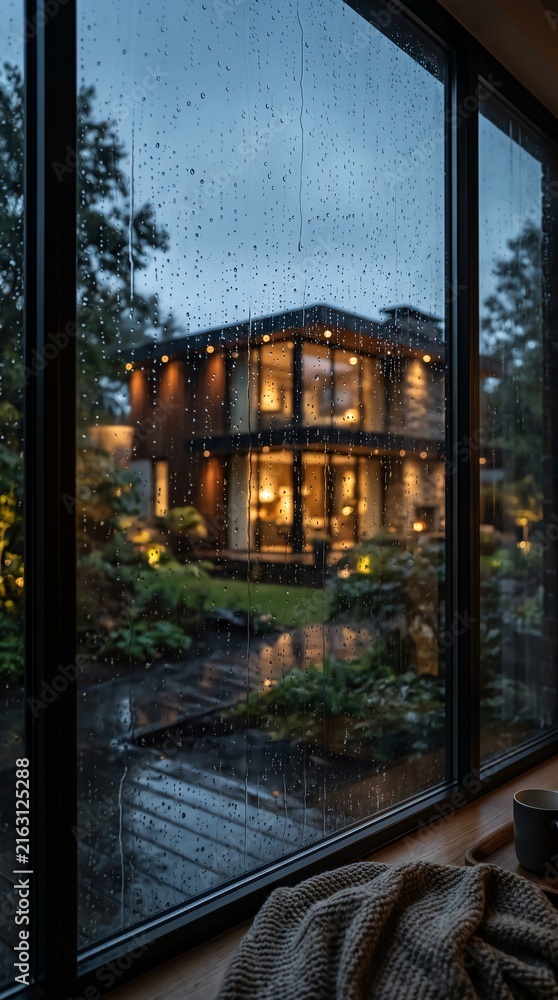 Fototapeta premium Raindrops on a window pane with a blurred villa in the background during a rainy night scene