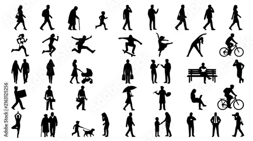 Silhouettes of people in dynamic poses set with black figures featuring standing, sitting, and walking with arms raised and crossed