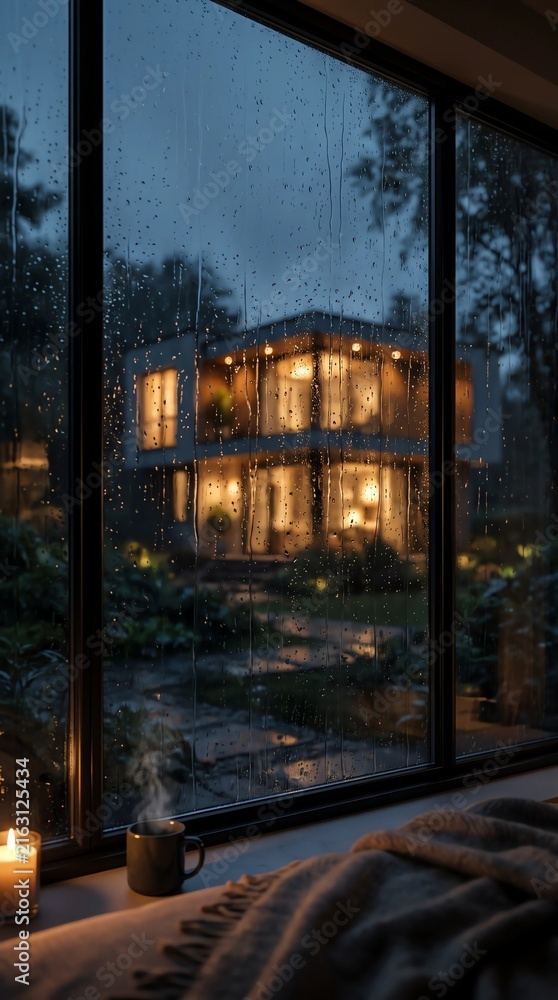 Fototapeta premium Raindrops on a window pane with a blurred villa in the background during a rainy night scene