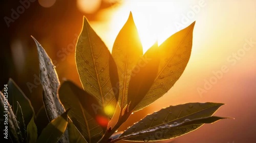 Backlit leaves with dew and glowing sunlight at sunrise: a closeup of plant foliage in golden hour bokeh, nature's warm morning glow.