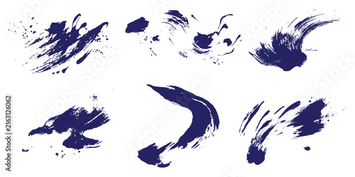 Collection of dynamic blue brush strokes and ink paint splashes isolated on white background vector illustration.