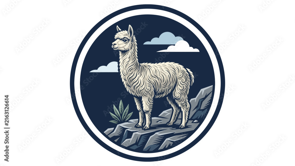 Naklejka premium Alpaca landscape illustration within a circular badge frame.