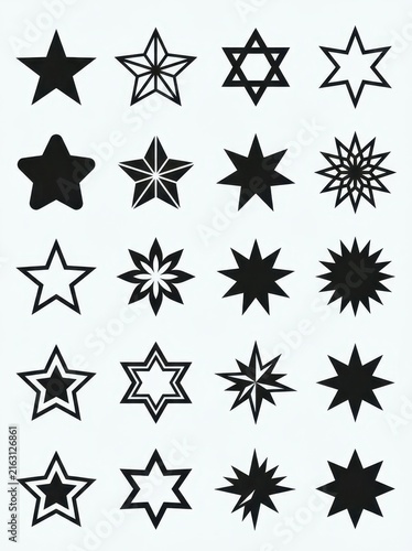 Collection of Twenty Different Black Star Icons and Geometric Shapes Isolated on White Background for Design Projects