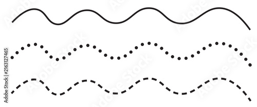 Fotografie Set of three wavy lines solid dotted and dashed horizontal patterns with horizon
