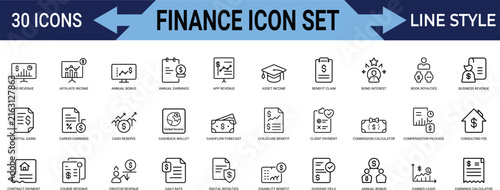 Finance thin line icons set, financial investments and money outline vector illustrations collection.
