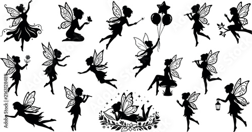 Foto Magical Fairy Silhouette Silhouette Icon Set Featuring Tinkerbell Poses with Mag