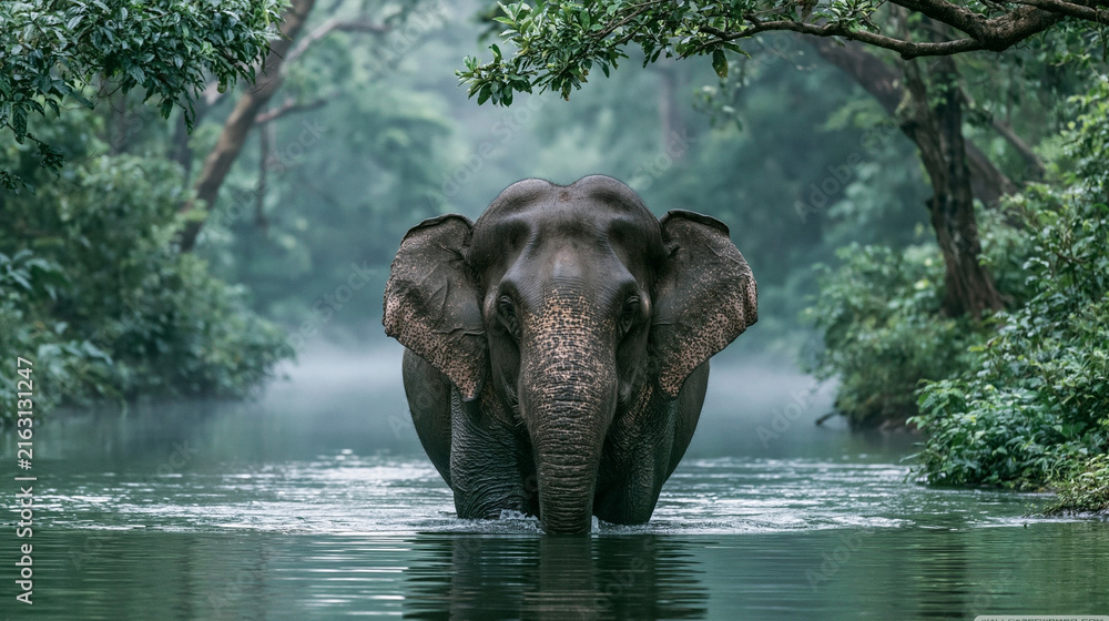 Fototapeta premium An elephant walking in the river , full shot , forest landscape is background , beautiful nature.
