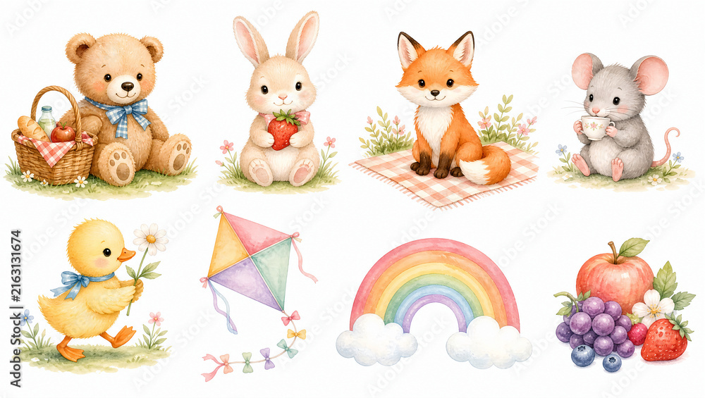 Naklejka premium Cute watercolor picnic animal clipart set. Summer bear fox rabbit duckling mouse with picnic basket blanket kite fruit rainbow isolated on white background. For birthday party card